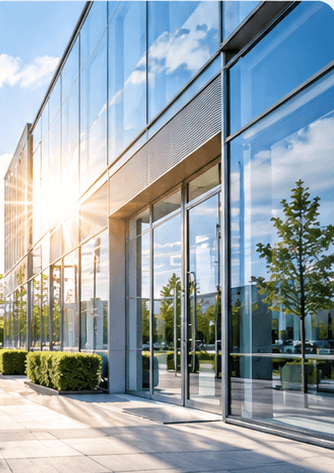 Modernes Geschäftsgebäude mit Glasfassade im Sonnenlicht